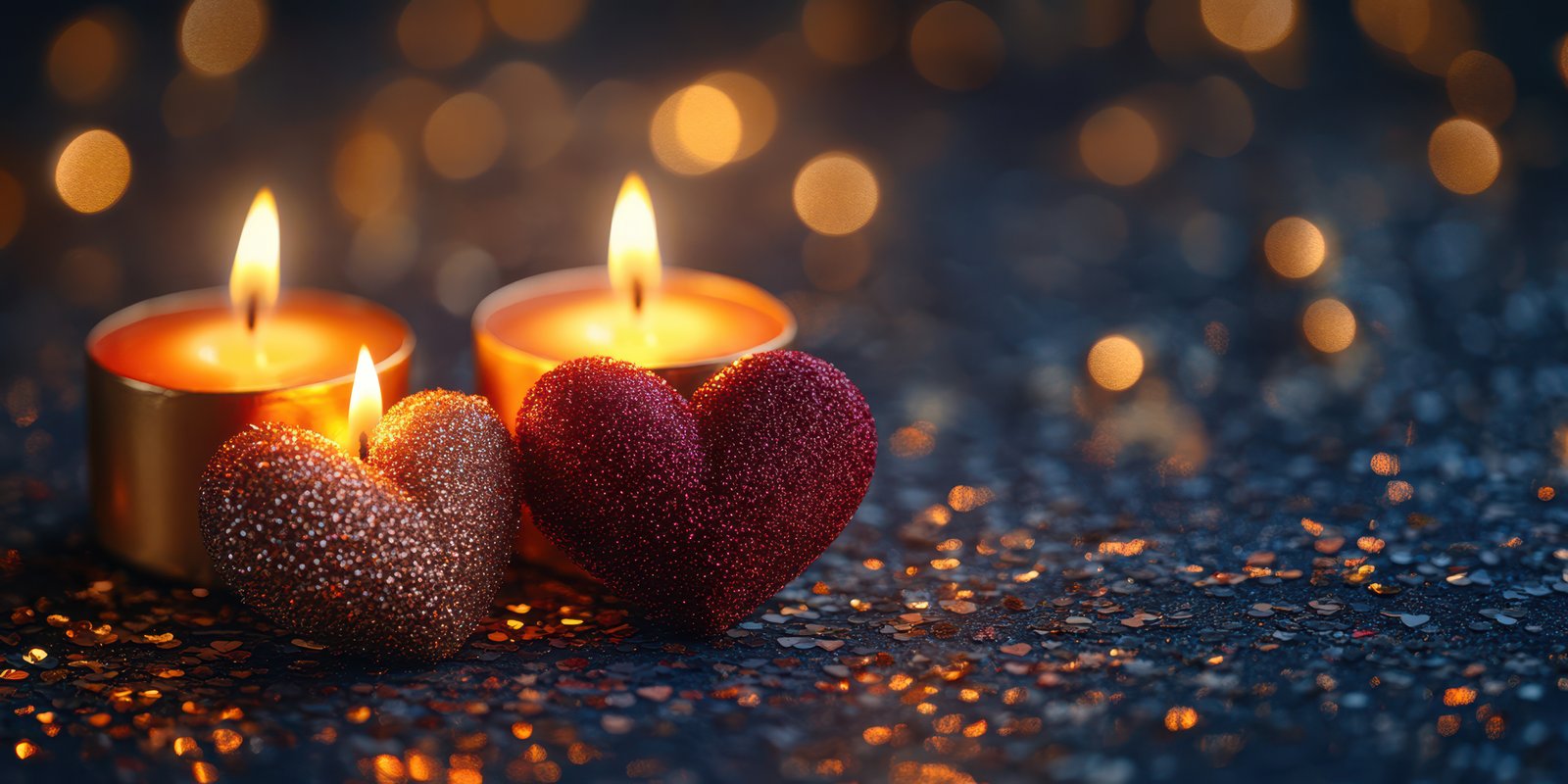 Romantic setting with heart-shaped decorations and candles illuminating a cozy atmosphere